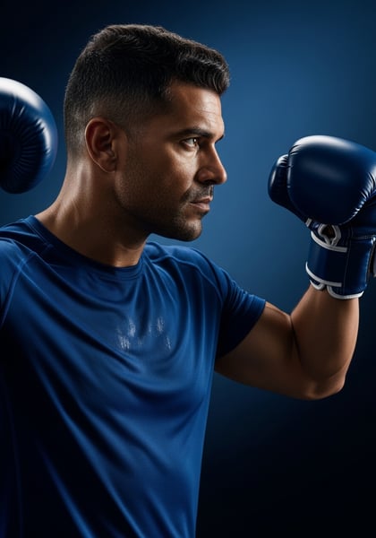 ATLETA MASCULINO FOCADO COM LUVAS DE BOXE AZUIS PRONTO PARA O TREINO OU COMBATE ESPORTE E FITNESS