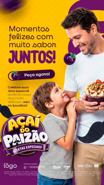 MOMENTOS FELIZES COM MUITO SABOR JUNTOS AÇAÍTERIA AÇAÍ DIA DOS PAIS STORY SOCIAL MEDIA PSD EDITÁVEL