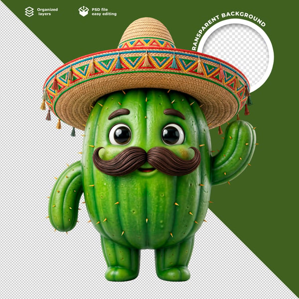 3D CARTOON CACTUS CHARACTER WITH SOMBRERO AND MUSTACHE FUN