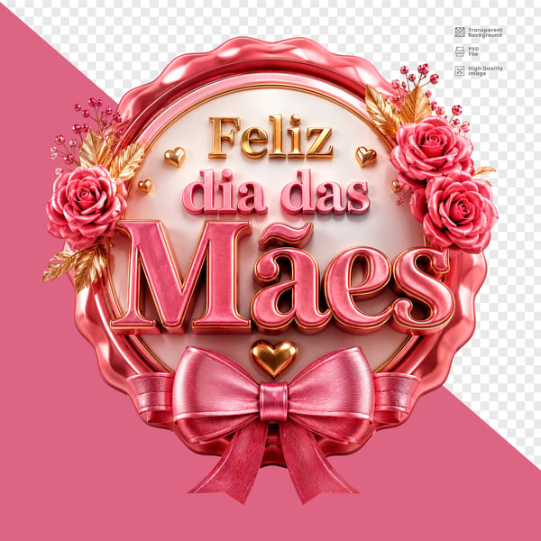 SELO 3D PREMIUM FELIZ DIA DAS MÃES COM ROSAS LAÇO E DETALHES DOURADOS