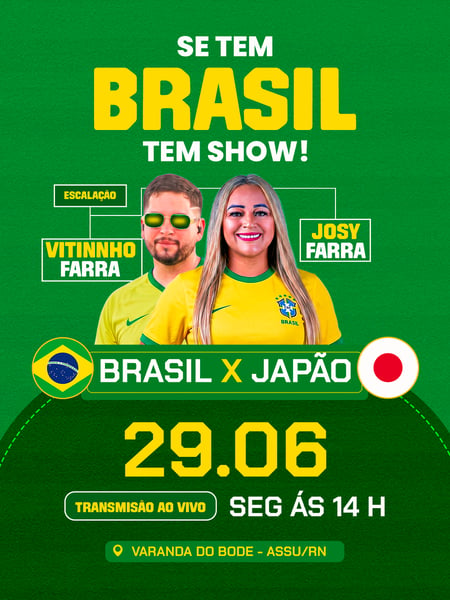 FLYER EVENTO DIA DE JOGO COPA DO MUNDO BRASIL E JAPÃO JOSY FARRA FEED PSD EDITÁVEL