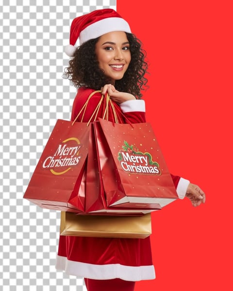 IMAGEM PARA COMPOSIÇÃO MULHER COM GORRO DE NATAL SEGURANDO SACOLA DE COMPRAS NA MÃO PNG TRANSPARENTE