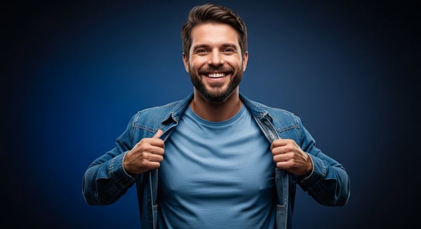 HOMEM BARBUDO FELIZ E CONFIANTE SORRINDO ABRINDO JAQUETA JEANS SOBRE CAMISETA AZUL EM FUNDO AZUL