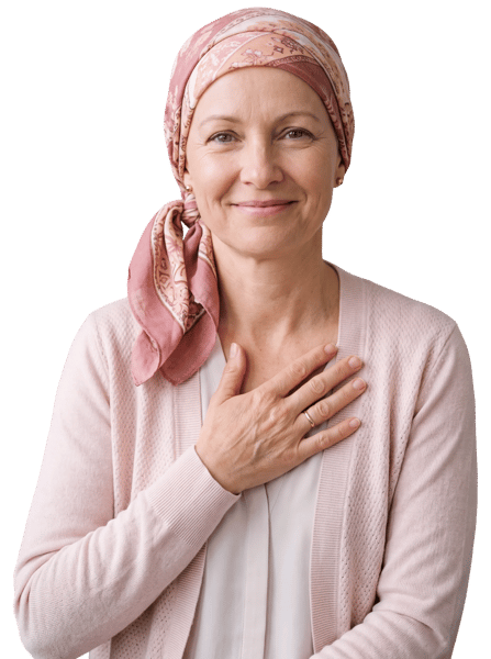 WOMAN WEARING A HEADSCARF SMILING WITH HAND ON CHEST