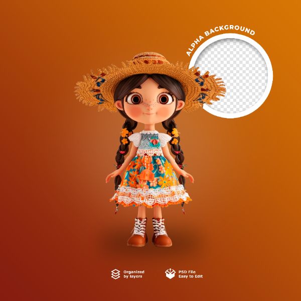 UMA BONECA 3D COM CHAPÉU DE PALHA PARA FESTA JUNINA