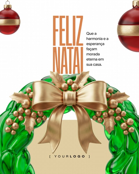 BANNER PARA REDES SOCIAIS DE FELIZ NATAL COM GUIRLANDA E LAÇO DOURADO PSD EDITÁVEL