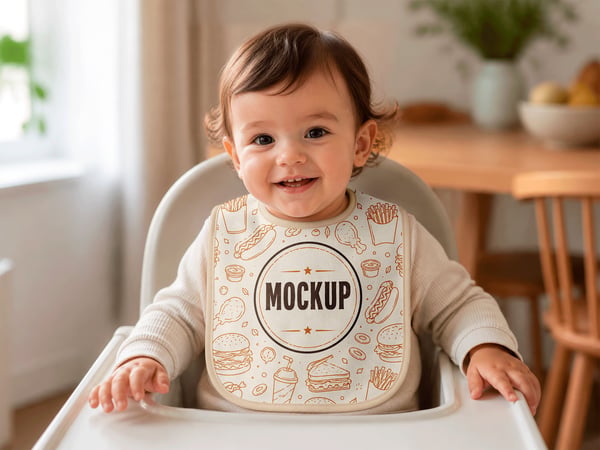 BABADOR INFANTIL MOCKUP EM CADEIRA DE ALIMENTAÇÃO QUARTO AO FUNDO