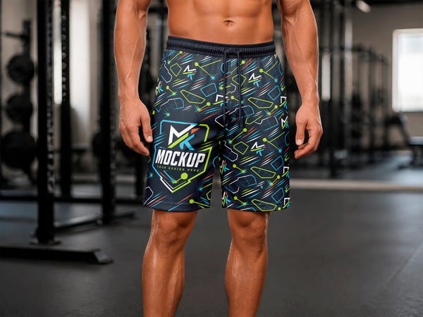 SHORTS ESPORTIVO MOCKUP EM ACADEMIA MODELO DE FRENTE