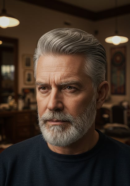 HOMEM VISTO DE LADO COM CABELO GRISALHO NA BARBEARIA