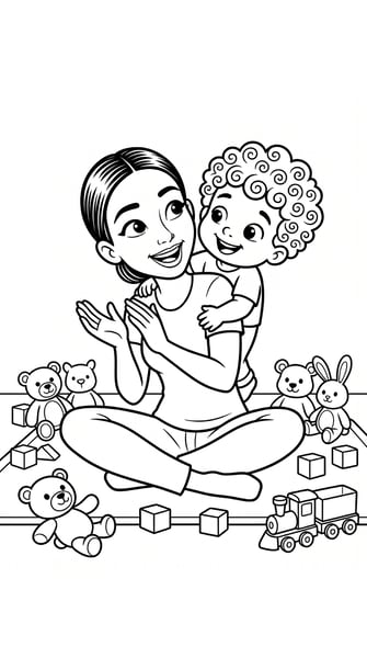 IMAGEM PARA COLORIR MÃE E FILHO SENTADOS FELIZES EM TORNO DE BRINQUEDOS EM A4