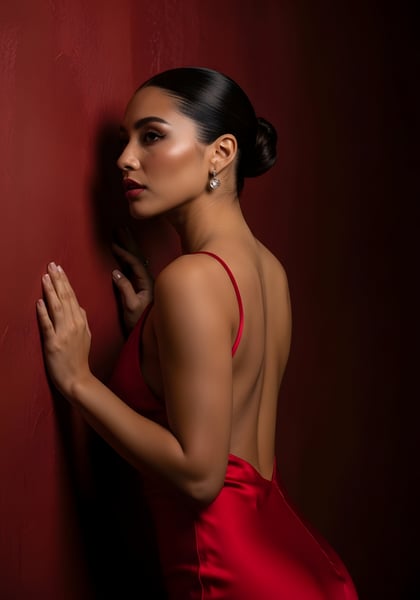 LINDA MULHER COM UMA ROSA DE FRENTE COM A PAREDE DIA DA MULHER 01