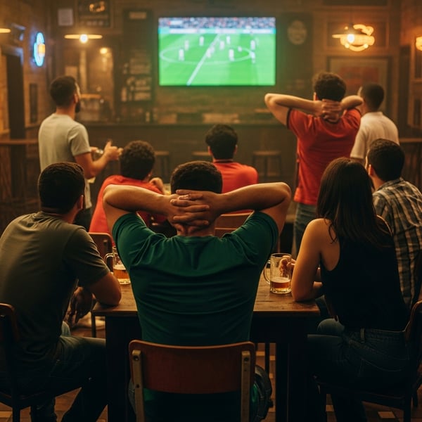 Grupo de pessoas assistindo futebol no bar com cerveja na mão