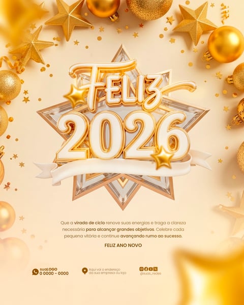 FELIZ 2026 CARTAZ DOURADO BRILHANTE ESTRELAS E BOLAS NATALINO FESTIVO