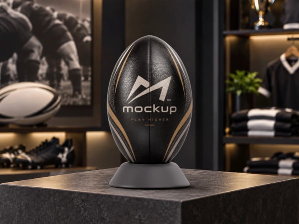 BOLA DE RUGBY MOCKUP SOBRE PEDESTAL SALA ESPORTIVA AO FUNDO