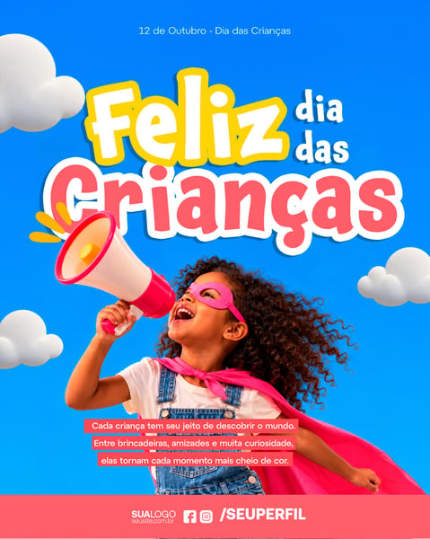 Cartaz Dia Das Crianças Com Menina Super-heroína E Megafone Social Media PSD Editável