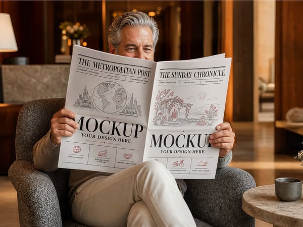Jornal MOCKUP NO LOUNGE DE HOTEL PESSOA SEGURANDO