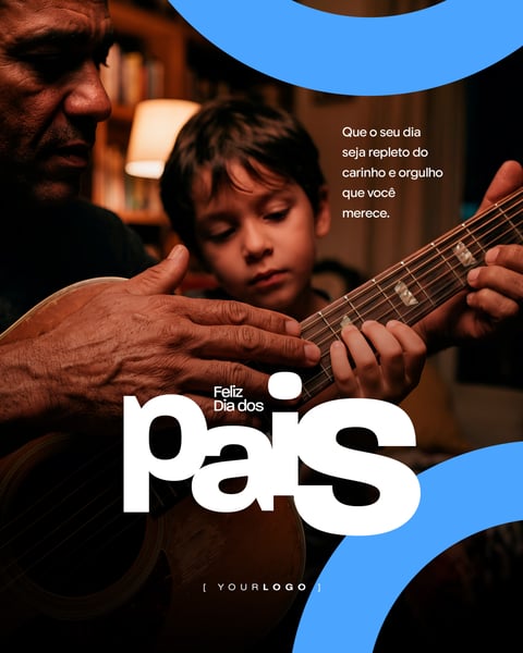 POST TEMÁTICO DE MÚSICA DIA DOS PAIS COM PAI E FILHO TOCANDO VIOLÃO PSD EDITÁVEL