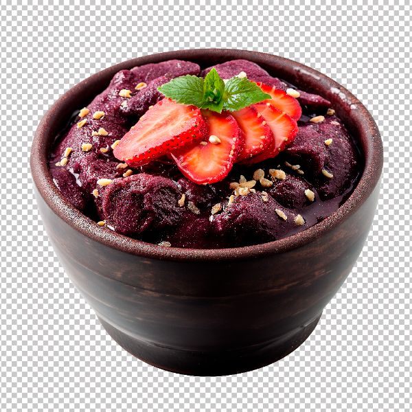 TIGELA AÇAÍ BATIDO COM GUARANÁ E MORANGO EM FATIAS - FUNDO TRANSPARENTE