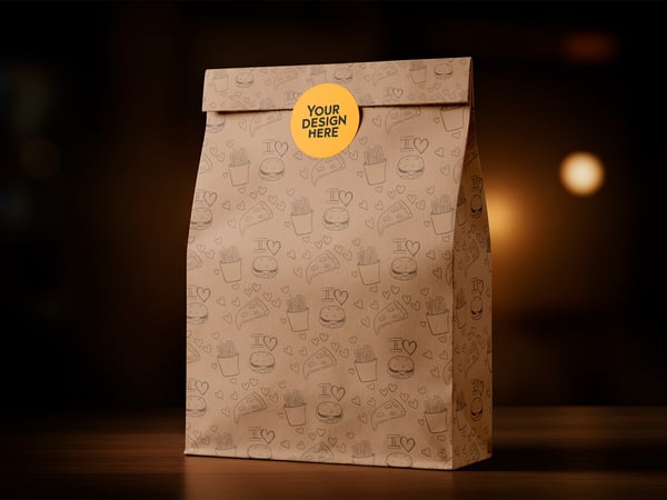 PACOTE DE PAPEL COM ADESIVO REDONDO MOCKUP DELIVERY ENTREGA LANCHES PSD
