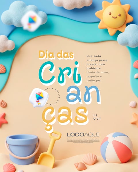 DIA DAS CRIANÇAS PRAIA BRINQUEDOS 3D SOCIAL MEDIA FLYER PSD EDITÁVEL