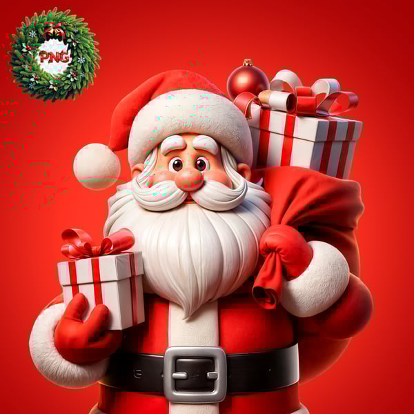 YIS PAPAI NOEL SEGURANDO UM SACO DE PRESENTE NAS COSTAS E UM PRESENTE NA OUTRA MÃO 3D PSD EDITÁVEL