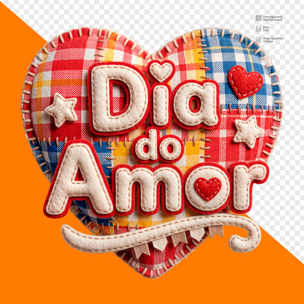 CORAÇÃO DIA DO AMOR PATCHWORK XADREZ FELTRO COLORIDO TEXTO ESTRELAS PNG TRANSPARENTE