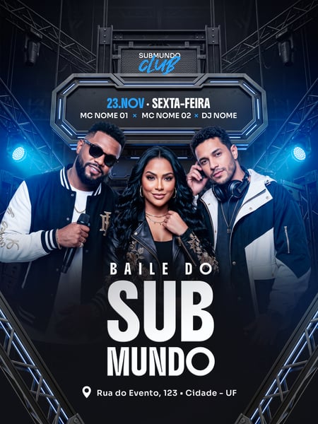 Flyer Editável de Baile Funk com Artistas e Iluminação Azul