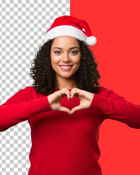 IMAGEM PARA COMPOSIÇÃO MULHER COM GORRO DE NATAL FAZENDO CORAÇÃO COM AS MÃOS PNG TRANSPARENTE 2