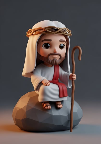 JESUS CRISTO SENTADO EM UMA PEDRA SEGURANDO UM CAJADO DE MADEIRA ESTILO PERSONAGEM 3D 04