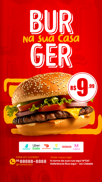 STORIES DELIVERY BURGER NA SUA CASA SOCIAL MEDIA LANCHONETE PSD EDITÁVEL