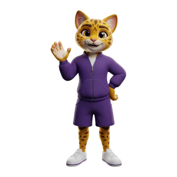 Mascote 3d Leopardo Acenando E Sorrindo Com Roupa Esportiva Roxa Em Fundo Branco