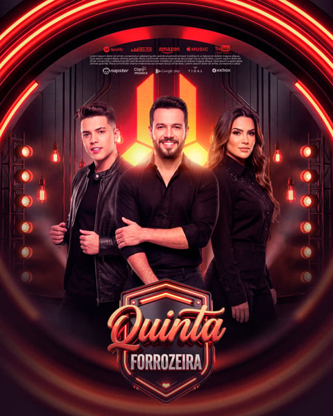 FLYER QUINTA FORROZEIRA TRIO DE ARTISTAS LUZES LARANJA PSD EDITÁVEL