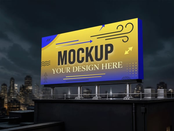 Outdoor mockup em rooftop prédios ao fundo