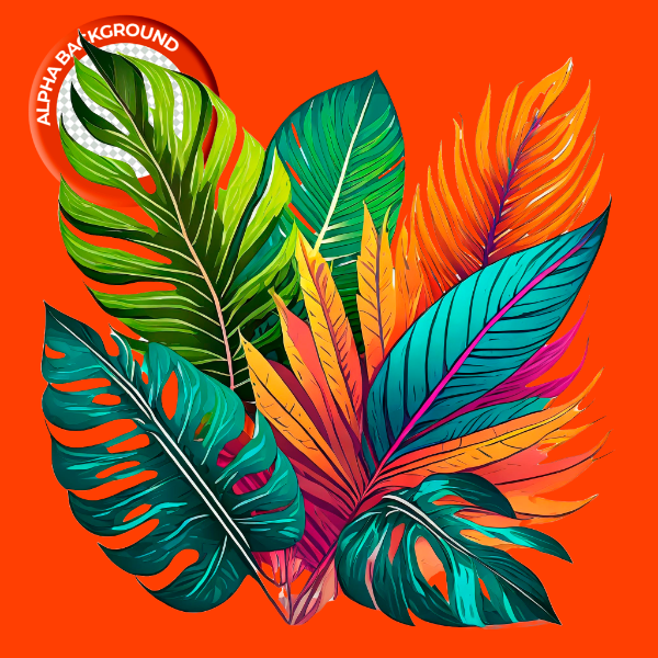 ELEMENTO FOLHAS TROPICAIS COLORIDAS PARA COMPOSIÇÃO PNG TRANSPARENTE SEM FUNDO
