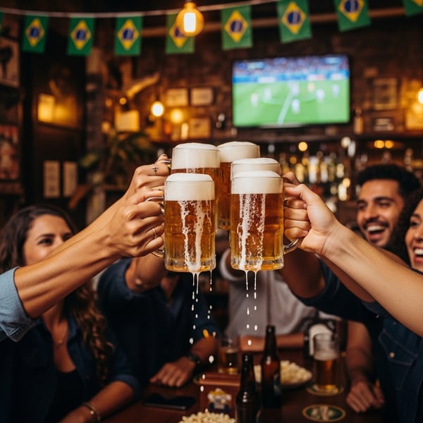 Grupo de pessoas assistindo futebol no bar com cerveja na mão
