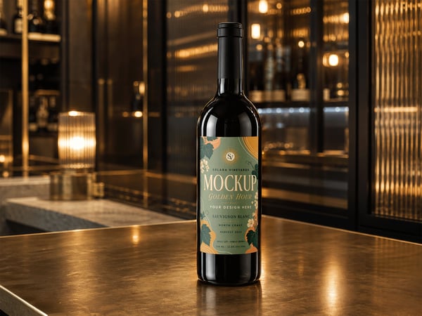 GARRAFA DE VINHO MOCKUP SOBRE BALCÃO VISTA FRONTAL