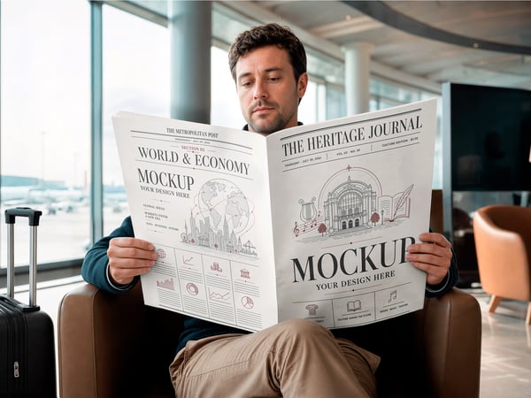 JORNAL MOCKUP EM MÃOS SALA DE AEROPORTO AO FUNDO