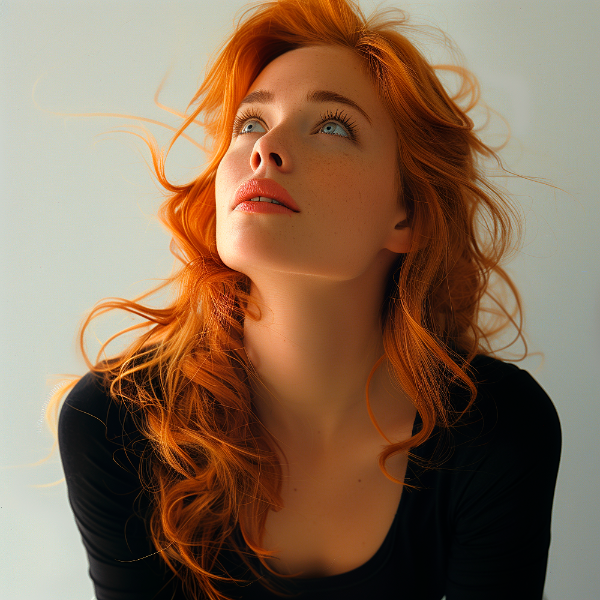 UMA LINDA MULHER RUIVA, OLHANDO PARA CIMA - IMAGEM