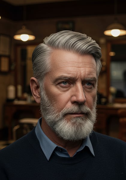 HOMEM BRANCO DE MEIA IDADE CABELO GRISALHO NA BARBEARIA VISTO DE FRENTE COM ROUPA SOCIAL