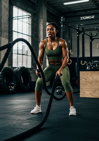 MULHER NEGRA EM TREINO INTENSO COM CORDAS NAVAIS NO GINÁSIO SUOR E FOCO NO FITNESS E FORA