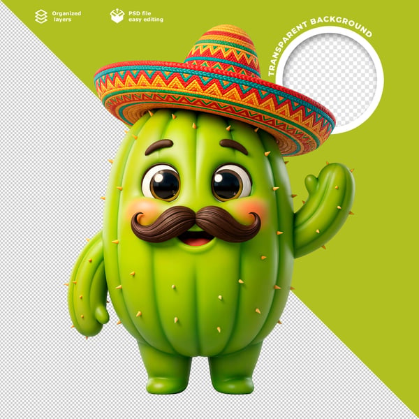 CUTE 3D MEXICAN CACTUS CHARACTER COM SOMBRERO E MUSTACHE PREMIUM