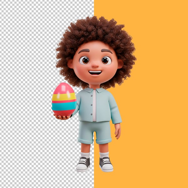 SRI PERSONAGEM 3D CRIANÇA SEGURANDO OVO DE CHOCOLATE NA MÃO FELIZ PSD EDITÁVEL