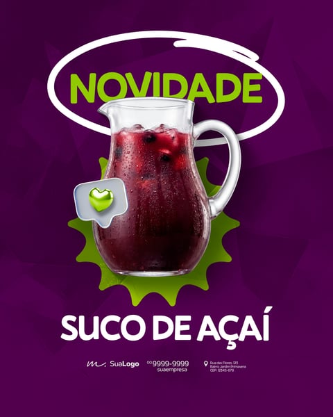 JARRA DE SUCO DE AÇAÍ COM GELO NOVIDADE POST PARA FEED DE REDES SOCIAIS PSD EDITÁVEL