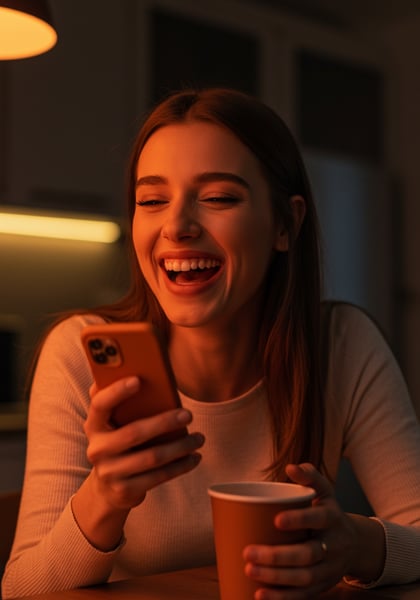 MULHER JOVEM FELIZ RINDO COM SMARTPHONE EM CASA RELAXANDO COM BEBIDA EM AMBIENTE ACONCHEGANTE
