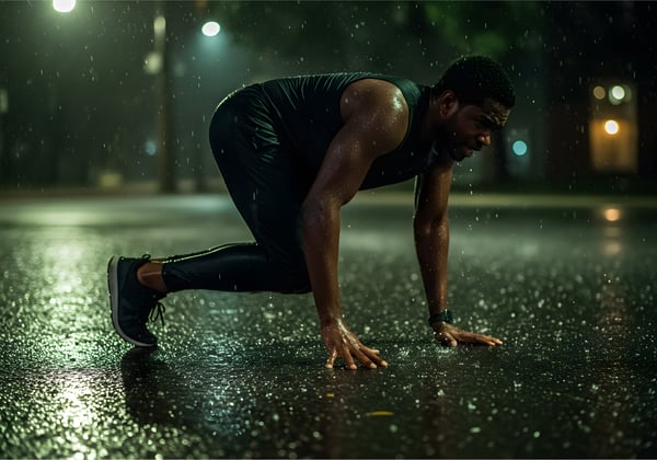 Mulher negra jovem, com roupas fitness, respirando fundo após esforço físico intenso.