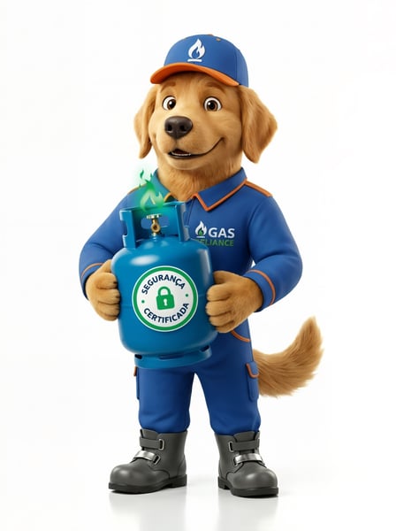 MASCOTE SEGURANDO UM BOTIJÃO DE GÁS COM EMBLEMA SEGURANÇA CERTIFICADA 2
