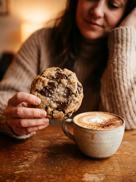 MULHER TOMANDO UM CAFÉ DA MANHÃ E COMENDO COOKIES 1