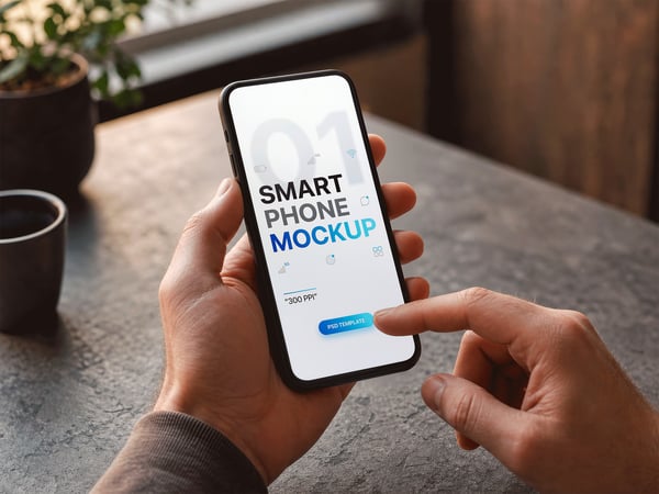 SMARTPHONE MOCKUP EM MÃOS SOBRE MESA DE PEDRA DEDO TOCANDO A TELA
