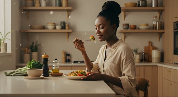 Mulher negra jovem, com expressão serena e feliz, sentada à mesa enquanto come alimentos naturais.