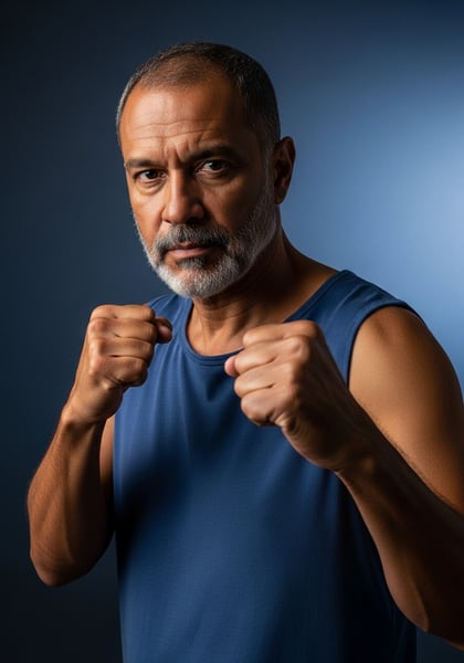 HOMEM MADURO COM BARBA GRISALHA EM POSTURA DE BOXE PUNHOS CERRADOS E OLHAR DETERMINADO FITNESS FORA E CONFIANÇA